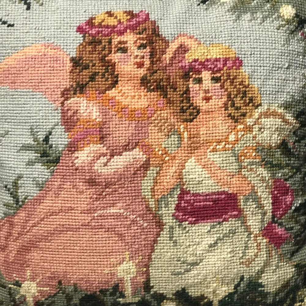 Vintage Needlepoint Angel Sisters 14x14 throw pillow